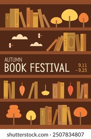 Bookshelf full of books and autumn elements. Autumn book festival event poster. Flat vector illustration banner. 