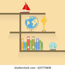 Bookshelf with globe and a gold cup. Flat design, vector illustration, vector.