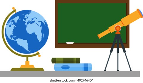 Bookshelf with globe, telescope and blackboard. Eps 10