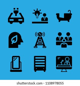 bookshelf, group, mirror, television, idea, mind, antenna, bathtub and electric car vector icon. Simple icons set