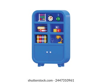 bookshelf icon with book, clock, chemical flask and table lamp icon 3d render