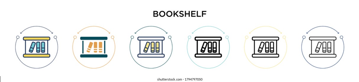 Bookshelf icon in filled, thin line, outline and stroke style. Vector illustration of two colored and black bookshelf vector icons designs can be used for mobile, ui, web