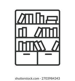 Bookshelf icon in line design. bookshelf, bookcase, shelf unit, storage shelves, home library, interior decor, room furniture on white background vector. bookshelf editable stroke icon
