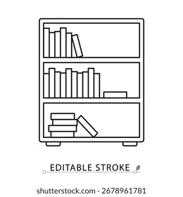 A bookshelf icon in minimalist style with editable stroke. Home furniture, book storage, library cabinet, study room decor, wooden shelf, interior design, education element, reading symbol.