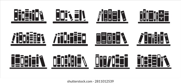 Bookshelf icon set. Collection of flat vector book silhouettes for library and education design.
