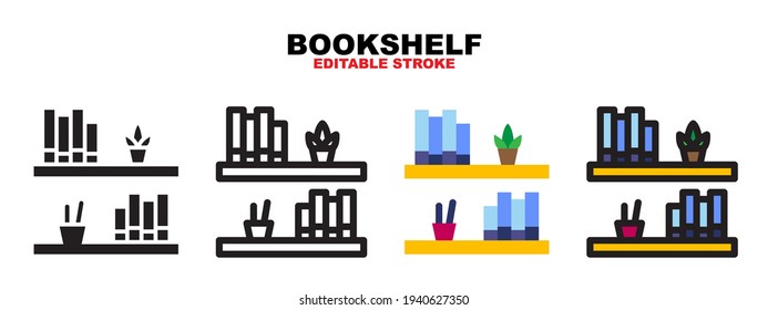 Bookshelf icon set with different styles. Colored vector icons designed in filled, outline, flat, glyph and line colored. Editable stroke and pixel perfect. Can be used for web, mobile, ui and more.