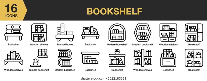 Conjunto de iconos de BookShelf. Incluye estantería, moderna, de madera, estantes y más. Colección de Vector de iconos de contorno.