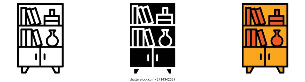 Vector del icono de la estantería. decoración del hogar, diseño de interiores y símbolo del hábito de lectura. Ilustración vectorial.