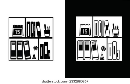 Bookshelf icon vector. Bookshelf silhouette. School supplies icon vector. Back to school concept. Learning and education icon. Flat vector in black and white.