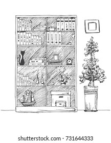 Bookshelf isolated on white background. Vector illustration of a sketch style.