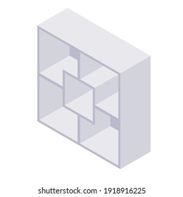 Bookshelf isometric - case and shelf for books for home and store interior design. Empty gray wooden furniture for home and shop storage in vector illustration.
