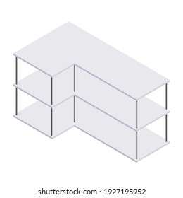 Bookshelf isometric - case and shelf for books for home and store interior design. Empty gray wooden furniture for home and shop storage in vector illustration.