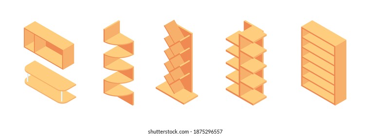 Bookshelf isometric - collection of various cases and shelves for books for home and store interior design. Empty brown wooden furniture for home and shop storage in vector illustration.