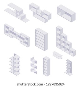 Estantería isométrica - colección de varios estuches y estantes para libros para el diseño interior de la casa y tienda. Mobiliario de madera gris vacío para el almacenamiento en casa y tienda en ilustración vectorial.