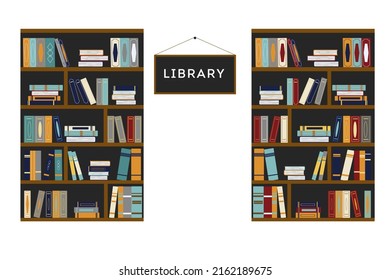 Bookshelf. Library. Bookcases in the library, a store with many different books. Place for text.