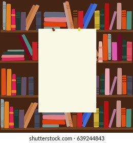 Bookshelf in library with empty blank board on it