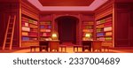 Bookshelf in library interior with table and chair background illustration. Cartoon librarian wooden shelf in school or college archive cartoon graphic. bookstore furniture with desk and lamp in hall