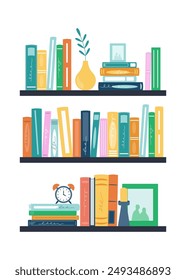 Bookshelf in library room, office shelf, wall, interior, bookshelf, vector background. Flat vector illustration isolated on white background.