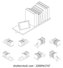 Bookshelf line. A large set of vector images in isometric. Wooden shelf with books and photo frame. Kit for games from different angles. Room interior design. Vector illustration in cartoon style.