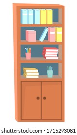 Bookshelf with many books and stationery. Bookcase made of brown wood or mahogany. Wooden furniture for classroom or home cabinet vector illustration