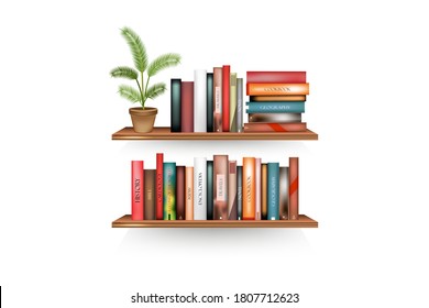 Bookshelf mockup with books and pot on white background.Brown shelves template.Vector illustration.
