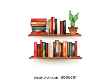 Bookshelf mockup with books and pot on white background.Brown shelves template.Vector illustration.
