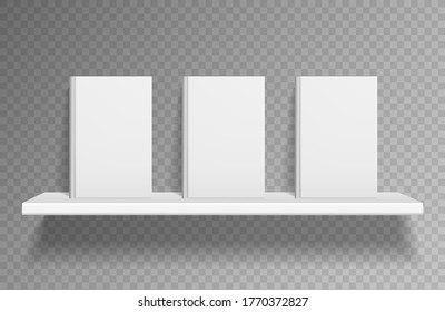 Bookshelf mockup. Realistic books on white shelf on wall with shadow on book store. Clean empty paperback of textbook for bookstore or library, vector template isolated on transparent background