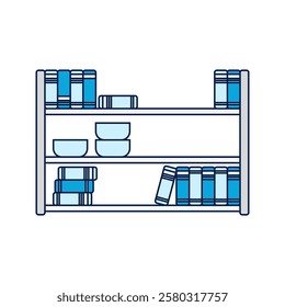 Bookshelf, A multi-level bookshelf filled with books and kitchenware, suitable for organizing a space.