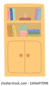 Bookshelf object, classroom element, knowledge symbol. Books and plant in pot on shelf, wooden furniture with literature, back to school, textbook vector