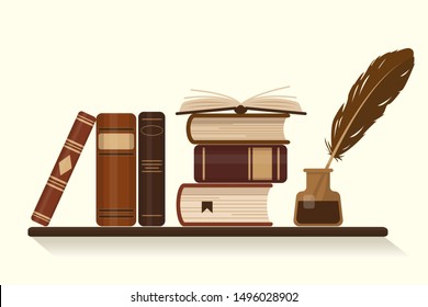 Bookshelf with old or historical brown books and inkwell with goose feather. Vector illustration. 