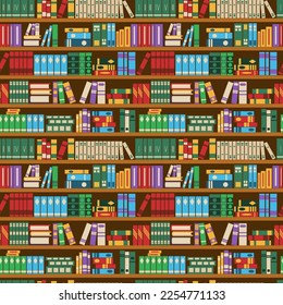 Bookshelf pattern. Books wall. Bookshop backdrop. Library interior. Shelves with textbook stacks. Store bookcases. School reading. Study literature. Vector garish seamless background