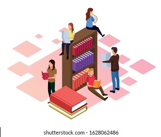 bookshelf with people reading around over white background, isometric and colorful design, vector illustration
