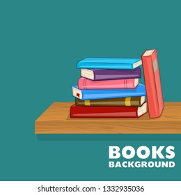 Bookshelf with pile of books. Different color books on shelf.