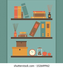 bookshelf with polka dots wallpaper.