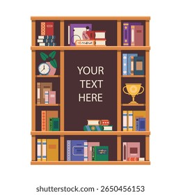 Estante com citação ou estante com mensagem. Mobiliário de livro vetorial como fundo para mensagem ou informação. Slogan de promoção de livraria ou livraria ou editor de literatura. Faculdade e escola.