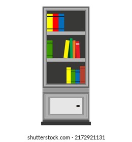 Bookshelf in the reading corner. Different books on the shelves.  Wooden bookshelves on wall vector illustration.