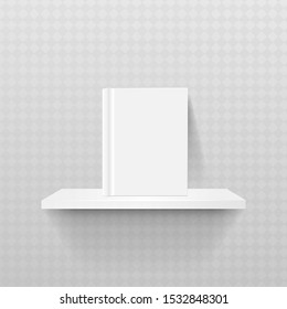 Bookshelf realistic vector illustration. Rack mockup front view. 3D shelf with blank book on transparent background.