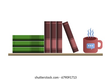 Bookshelf with red cup and green and red books. Isolated. White background.