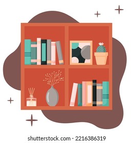 Bookshelf scandinavian style, hygge home collection, books and decoration, vector illustration, flat style