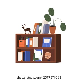 Bookshelf with school books, potted plant and decor. Textbooks for studying and reading, education literature library in wooden furniture. Flat vector illustration isolated on white background