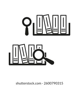 Bookshelf search icons. Magnifying glass symbol. Vector library concept. Simple reading shape.