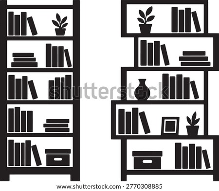 Bookshelf set silhouette with books and decor, modern storage rack vector icon