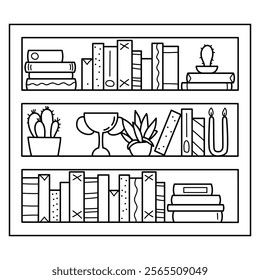 Bookshelf, a shelf in a children's room. Black and white illustration, hand drawn coloring.