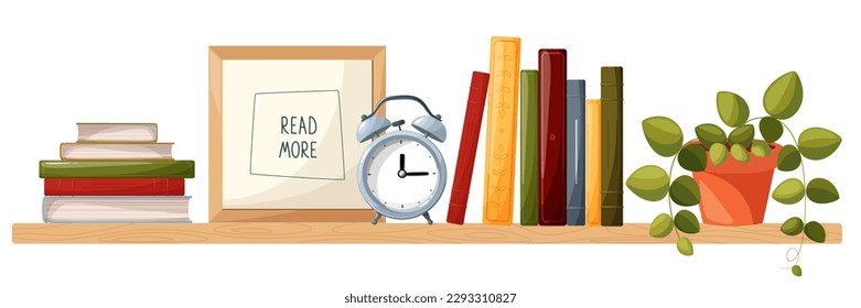 Bookshelf with stacks of books, books, alarm clock, "read more" poster, indoor plant. Bookstore, bookshop, book lover concept. Flat Isolated in white vector illustrations, vector concept.