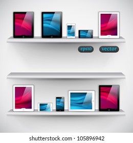 bookshelf, tablet computers and mobile phone icons - vector