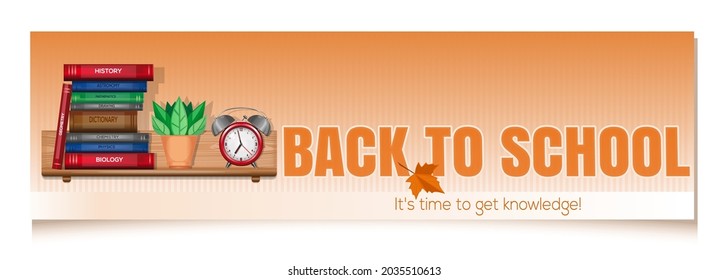 Bookshelf with textbooks. Back to school. It's time to get knowledge. Knowledge day horizontal banner bookmark. Vector illustration