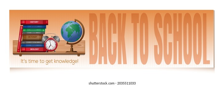 Bücherregal mit Lehrbüchern. Zurück zur Schule. Es ist Zeit, Wissen zu erlangen. Horizontales Banner-Lesezeichen für den Tag des Wissens. Vektorgrafik