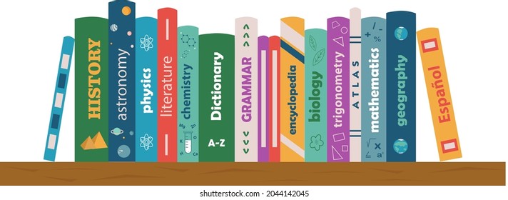 Bookshelf with textbooks. Literature for study. Mathematics, biology, chemistry, history, literature, physics, astronomy,dictionary. Banner for library, bookstore, fair, festival.