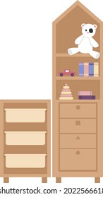 Bookshelf with toys and books semi flat color vector object. Full sized item on white. Storage solution. Wooden furniture isolated modern cartoon style illustration for graphic design and animation