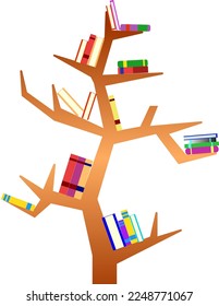 Bookshelf in tree form minimalist design, tree bookshelf vector illustration isolated, education and knowledge for teenager student, bookshelf modern design for interior